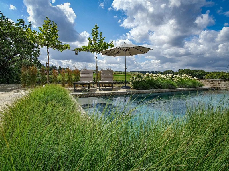 Ein natürlicher Schwimmteich mit Liegestühlen und Sonnenschirm